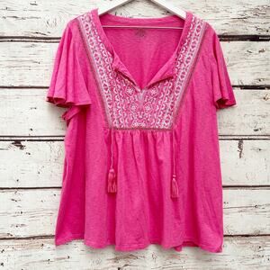 LANE BRYANT Embroidered Hot Pink Flutter Sleeve Swing Front Top Sz 18 20 1X